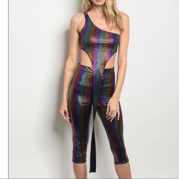 Trendy boutique Pants - Metallic iridescent rainbow crop top + Capri 2 pc.